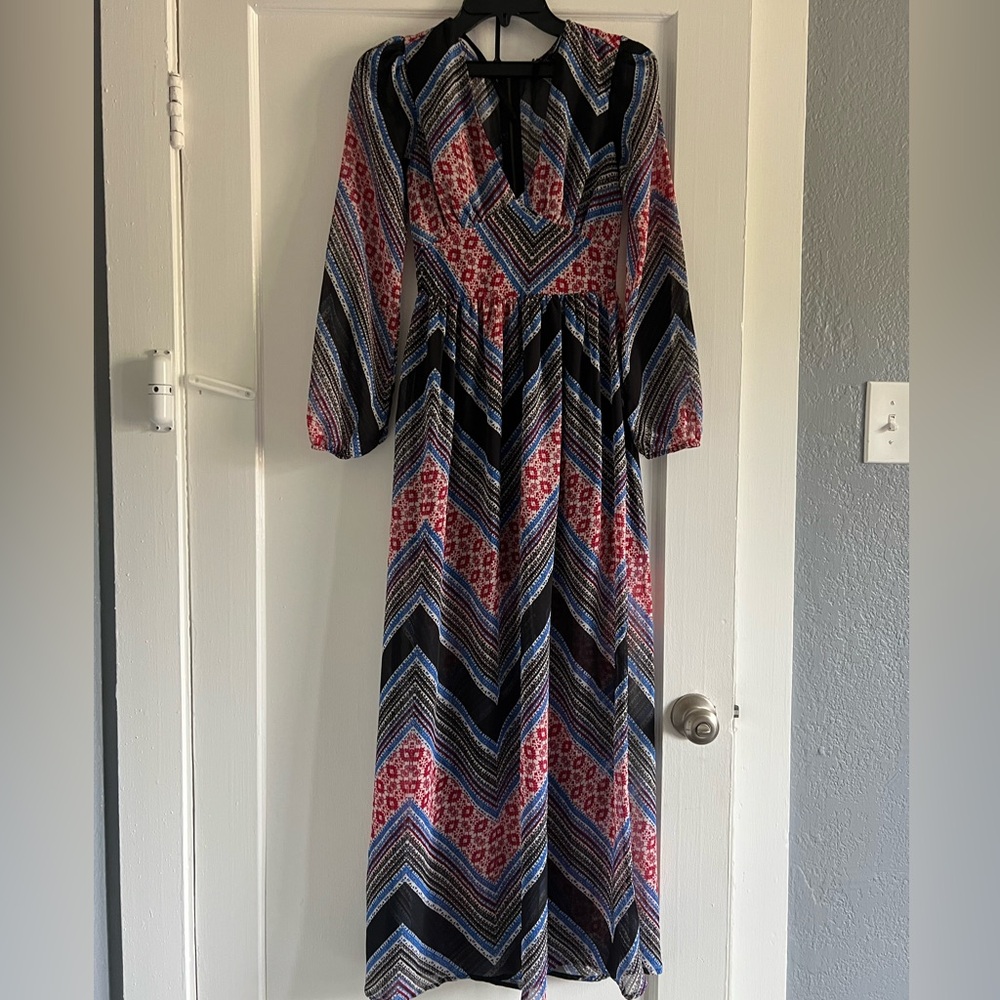 Fire Los Angeles Multicolor Chevron and Floral Long Sleeve Dress maxi dress